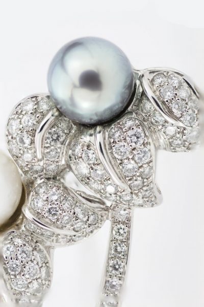 Vintage Natural South Sea and Akoya Pearl and 3ct Diamond Floral Brooch, in 18ct white gold, each pearl estimated 3.00 carats, Circa 1990's