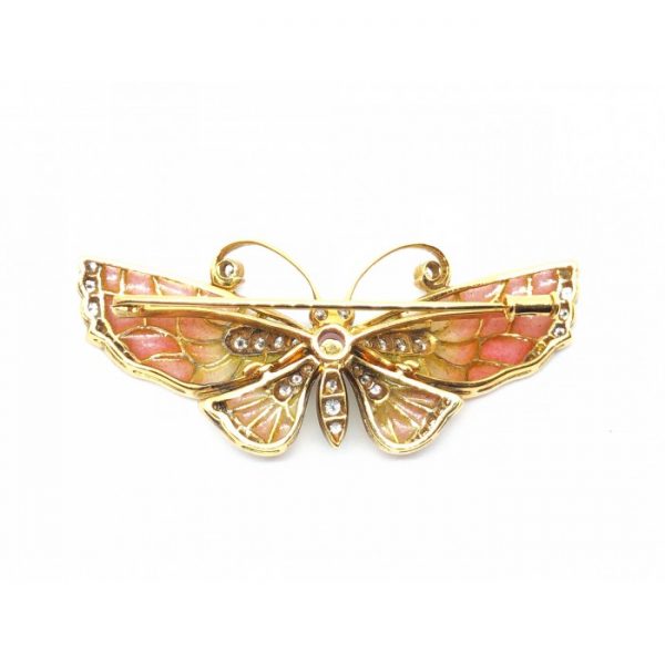 Red to Yellow Enamel and Diamond Butterfly Brooch
