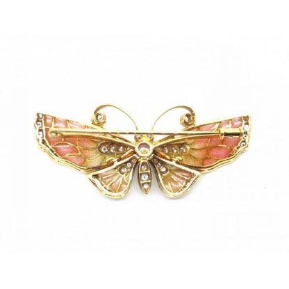 Red to Yellow Enamel and Diamond Butterfly Brooch