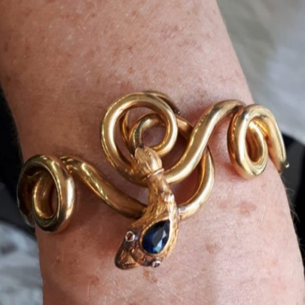 Antique Victorian Sapphire, Ruby and Gold Snake Bangle Bracelet, Circa 1875
