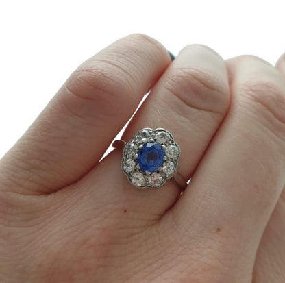 Antique Ceylon Sapphire and Old Cut Diamond Cluster Ring, 0.80 carats