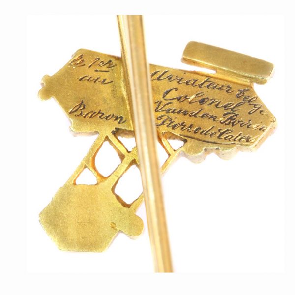 Unique Engraved Diamond and 18ct Yellow Gold Aviation Brooch, c.1908