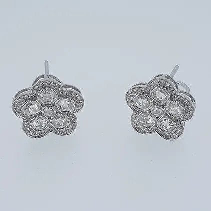 Modern Pair of Rose Cut and Brilliant Cut Diamond Flower Cluster Earrings