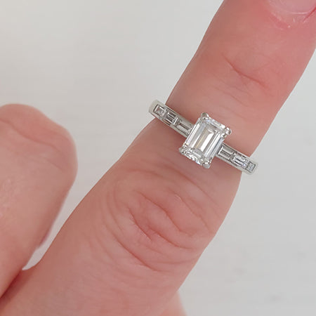 GIA Certified E VS2 1.03ct Emerald Cut Diamond Solitaire Engagement Ring in Platinum with Baguette Diamond Shoulders