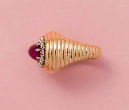 Vintage 3.25ct Unheated Burma Ruby and Diamond Cluster Dress Ring with 18ct Yellow Gold Ribbed Shank