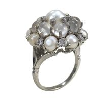 Cats Eye Moonstone, Pearl and Diamond Cluster Bombe Cocktail Ring, in 18ct white gold