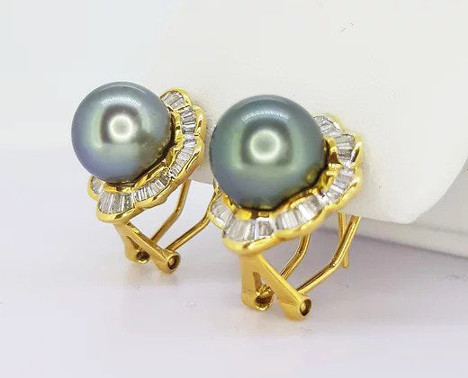 Tahitian Pearl and Diamond Cluster Earrings; Tahitian pearl set within a border of tapered baguette-cut diamonds, clip and post fittings, 18ct yellow gold.