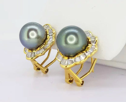 Tahitian Pearl and Diamond Cluster Earrings; Tahitian pearl set within a border of tapered baguette-cut diamonds, clip and post fittings, 18ct yellow gold.