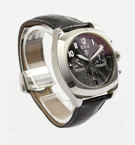 Tag Heuer Monza 38mm Steel Automatic Chronograph; Ref. CR5110, black dial with Arabic numerals, calibre 36 movement visible through the display back, on a TAG Heuer black leather strap with stainless steel push-button deployment buckle.