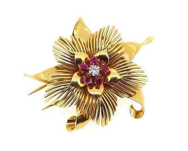 Vintage French Ruby and Diamond set 18ct Yellow Gold Floral Brooch