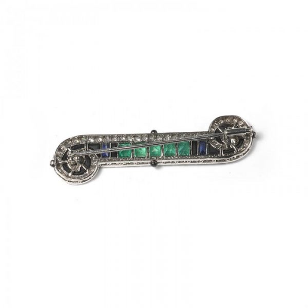 Art Deco French Emerald Sapphire Onyx and Diamond Bar Brooch