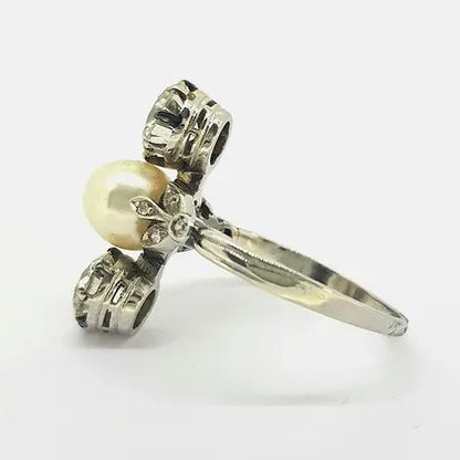 Antique Natural Pearl and Old Cut Diamond Three Stone Trilogy Ring