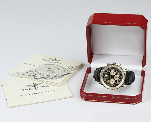 Breitling Navitimer Cosmonaute 41mm Steel and Gold Manual Chronograph Watch, on a black leather strap with Breitling pin buckle, with Breitling papers.
