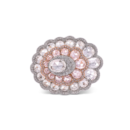 Rose Cut Diamond Flower Cluster Ring; featuring rose cut diamonds set in three floral layers and mounted in two-tone 18ct gold.