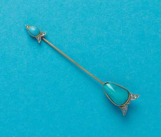 Art Deco Gold Jabot Pin with Turquoise and Diamonds; jabot pin in the shape of an arrow set with large cabochon cut turquoises and rose cut diamonds, Circa 1920