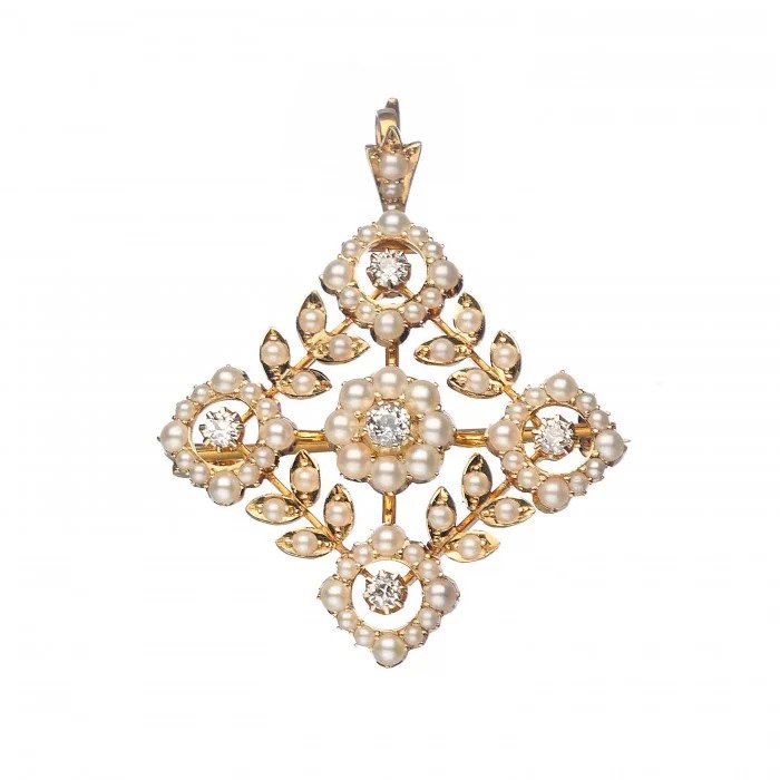 Antique Edwardian Natural Seed Pearl and Diamond Pendant Brooch