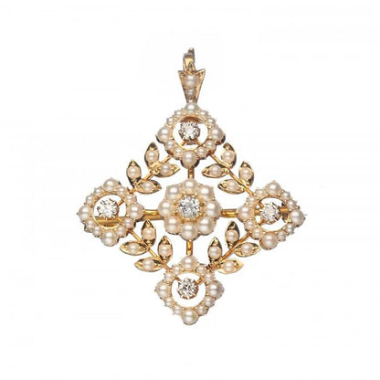 Antique Edwardian Natural Seed Pearl and Diamond Pendant Brooch