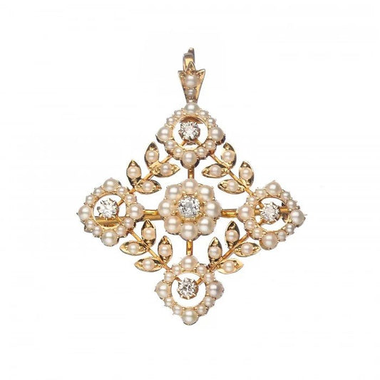 Antique Edwardian Natural Seed Pearl and Diamond Pendant Brooch