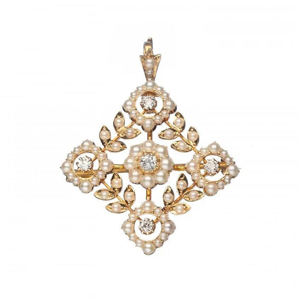 Antique Edwardian Natural Seed Pearl and Diamond Pendant Brooch