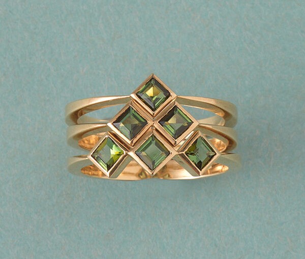 Contemporary Set Of Three Green Tourmaline and 18ct Yellow Gold Rings