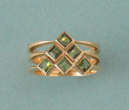 Contemporary Set Of Three Green Tourmaline and 18ct Yellow Gold Rings