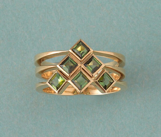 Contemporary Set Of Three Green Tourmaline and 18ct Yellow Gold Rings