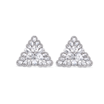 Rose Cut Diamond Triangular Petal Stud Earrings; set with 3.81 carats pear-shaped rose-cut diamonds accented by 150 micro-pave set round brilliant-cut diamonds, in 18ct white gold