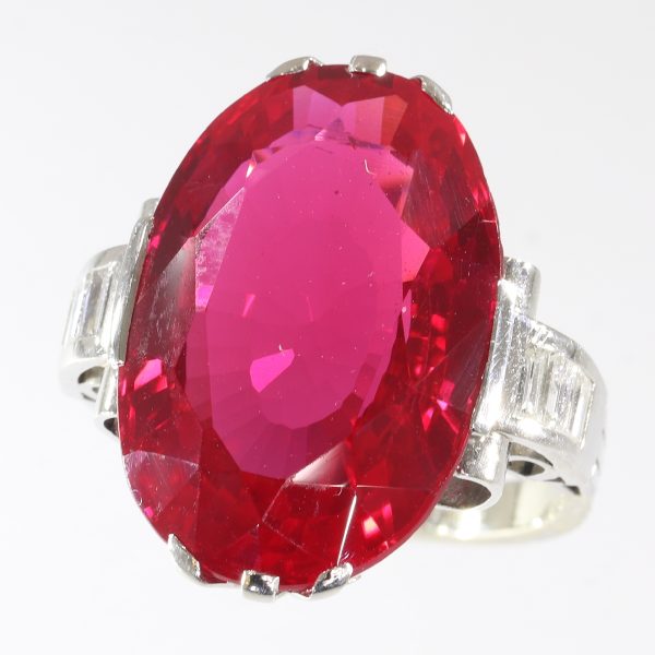 Antique French Art Deco Large Verneuil Ruby and Diamond Engagement Ring