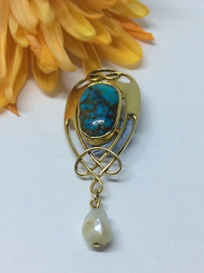 Antique Arts & Crafts Murrle Bennett Turquoise & Pearl Pendant