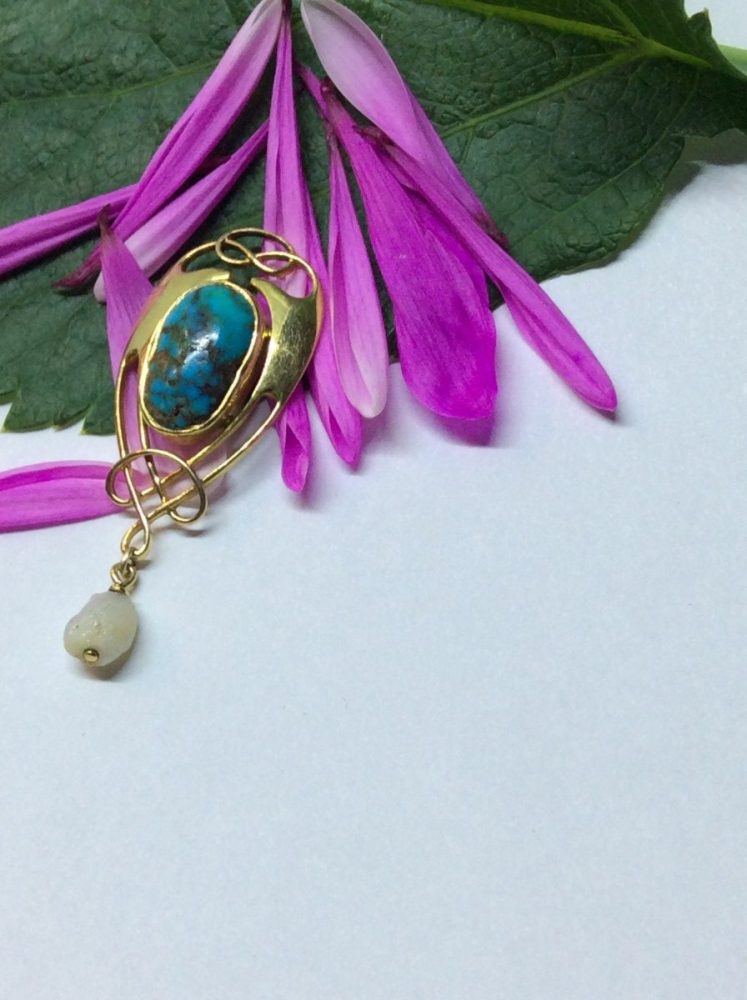 Antique Arts & Crafts Murrle Bennett Turquoise & Pearl Pendant