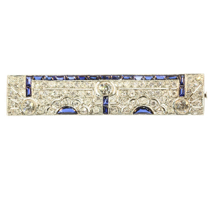Antique Art Deco Cabochon Cut Sapphire and Diamond Bar Brooch, Platinum