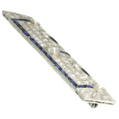 Antique Art Deco Cabochon Cut Sapphire and Diamond Bar Brooch, Platinum