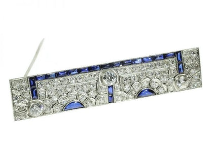 Antique Art Deco Cabochon Cut Sapphire and Diamond Bar Brooch, Platinum