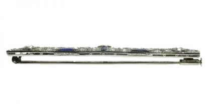 Antique Art Deco Cabochon Cut Sapphire and Diamond Bar Brooch, Platinum