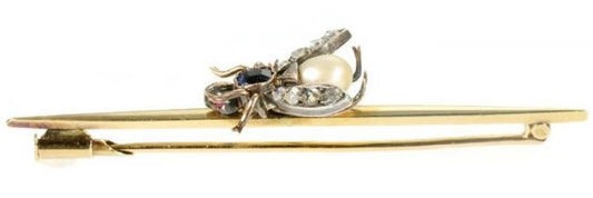 Vintage Gold Gem Set Fly Bar Brooch, 18ct Gold and Silver