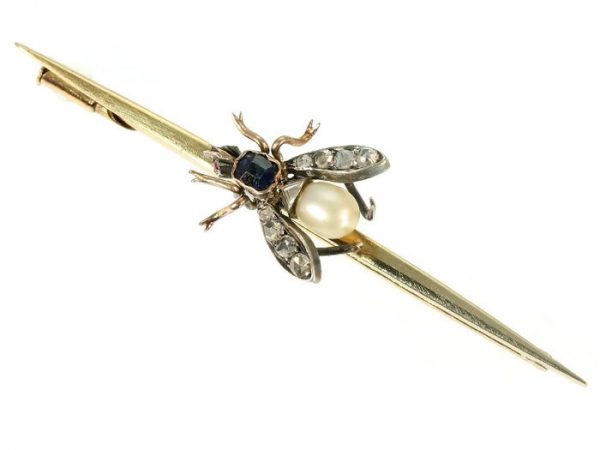 Vintage Gold Gem Set Fly Bar Brooch, 18ct Gold and Silver