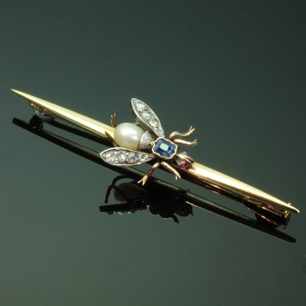 Vintage Gold Gem Set Fly Bar Brooch, 18ct Gold and Silver