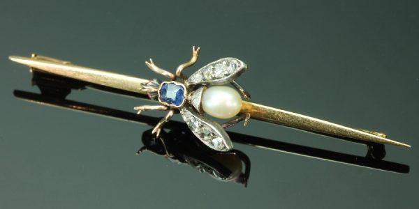 Vintage Gold Gem Set Fly Bar Brooch, 18ct Gold and Silver