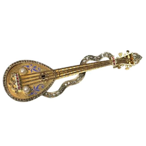 Antique Victorian Diamond and Enamel Set Gold Domra or Mandolin Brooch