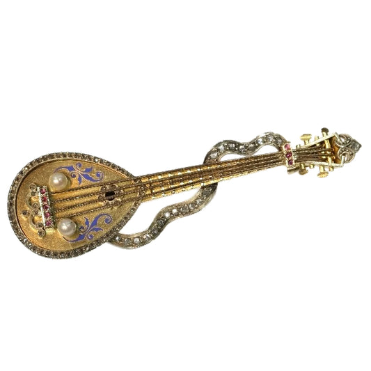 Antique Victorian Diamond and Enamel Set Gold Domra or Mandolin Brooch