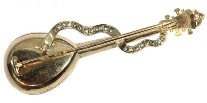 Antique Victorian Diamond and Enamel Set Gold Domra or Mandolin Brooch