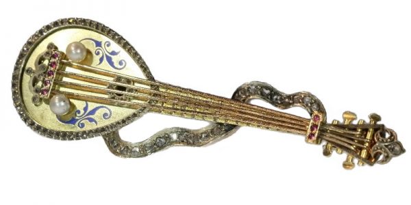 Antique Victorian Diamond and Enamel Set Gold Domra or Mandolin Brooch