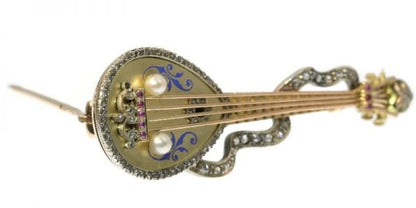 Antique Victorian Diamond and Enamel Set Gold Domra or Mandolin Brooch