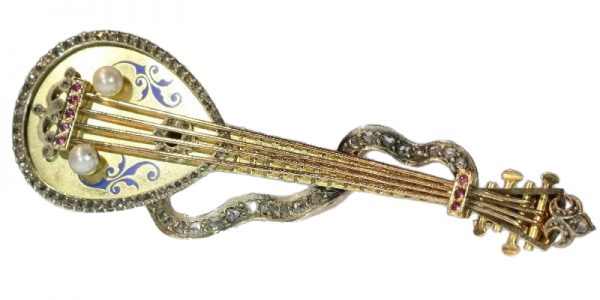 Antique Victorian Diamond and Enamel Set Gold Domra or Mandolin Brooch