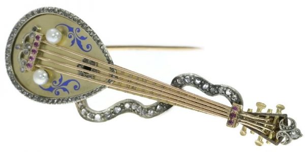 Antique Victorian Diamond and Enamel Set Gold Domra or Mandolin Brooch