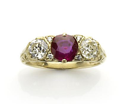 Ruby and diamond carved half hoop ring