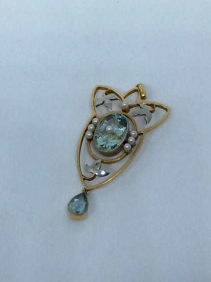 Antique Edwardian Aquamarine & Pearl Pendant