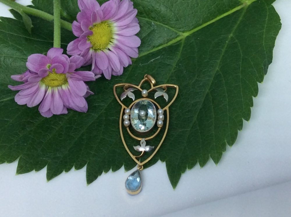 Antique Edwardian Aquamarine & Pearl Pendant