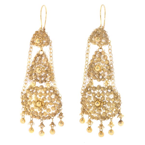 Antique Victorian Dutch Gold Chandelier Filigree Pendant Earrings