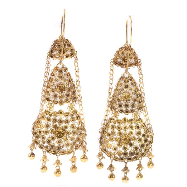 Antique Victorian Dutch Gold Chandelier Filigree Pendant Earrings